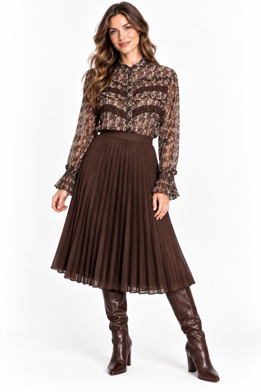 Vintage ‘00s Apt. 9 Sheer Brown Floral Print Accordion Pleat Long Sleeve Blouse